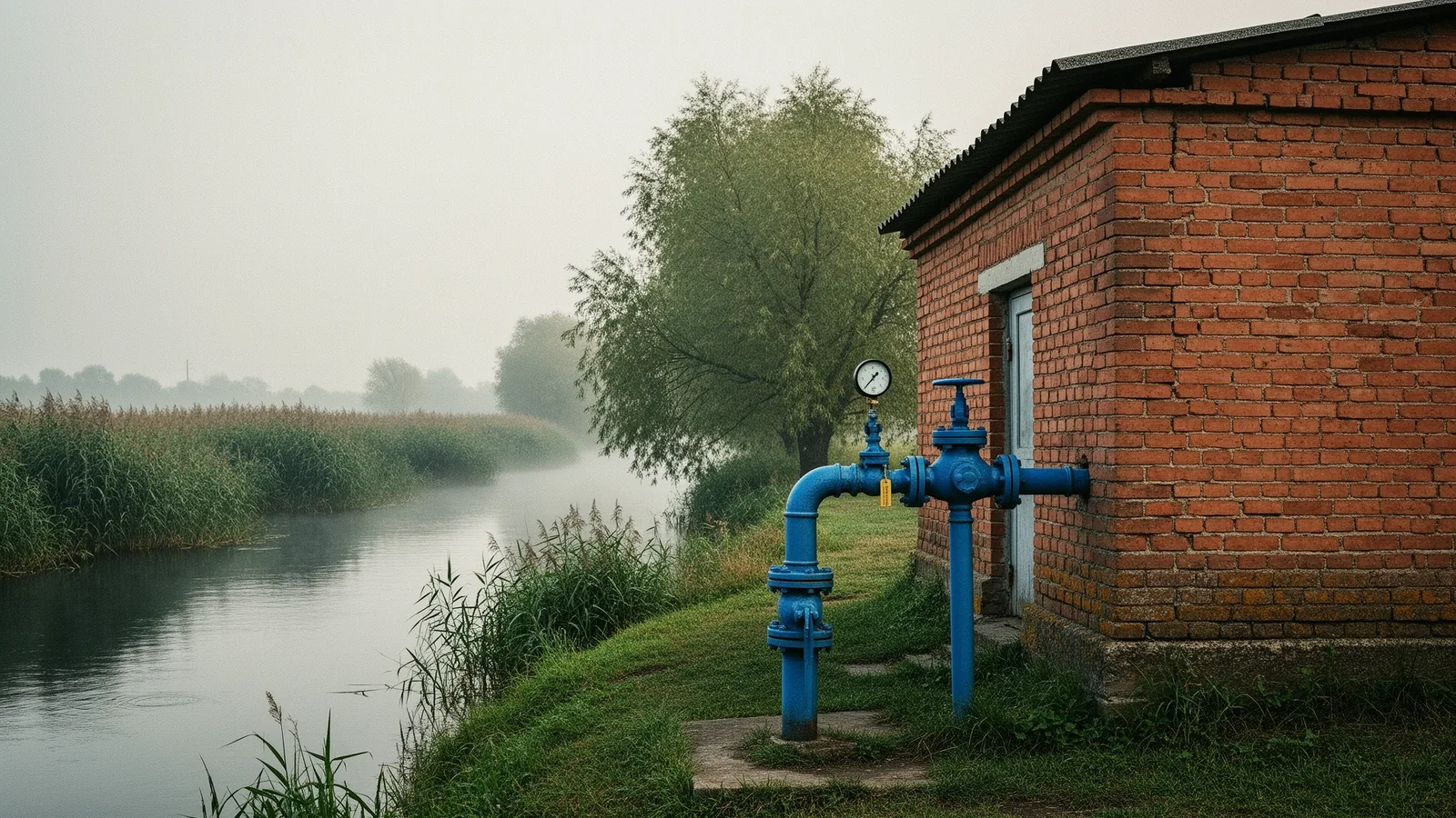 Ілюстрація, згенерована ШІ: насосна станція водопостачання біля річки