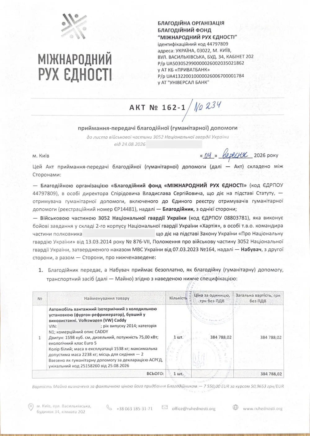 Акт приймання-передачі № 162-1 / 234 від 04.09.2026: фургон-рефрижератор Volkswagen Caddy на 384 788,02 ₴ для військової частини 3052, підписаний обома сторонами